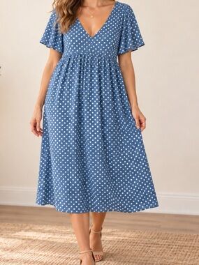 Blue Polka Dot Babydoll Midi Dress -Timeless Classic Chic